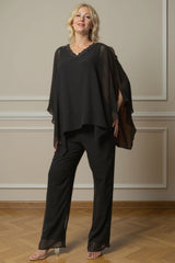 Dreamyannie Black Beaded V Neck Mother Of The Bride Pant Suits