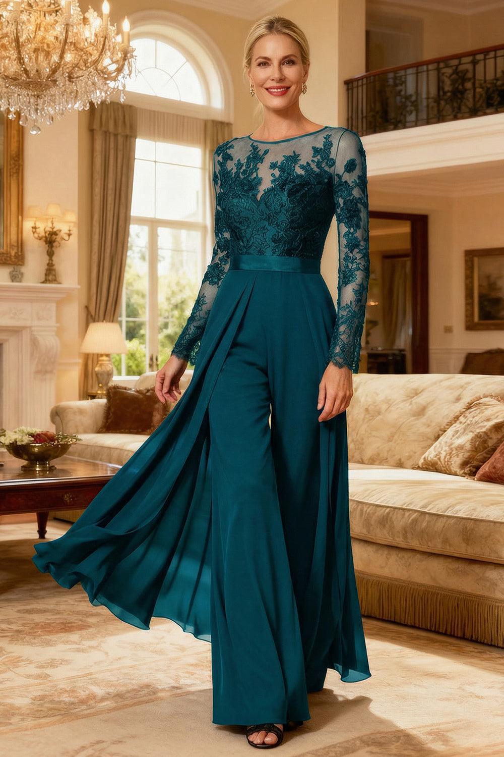 Dreamyannie Black Chiffon Illusion Neck Floor Length Mother Of The Bride Jumpsuit With Cape