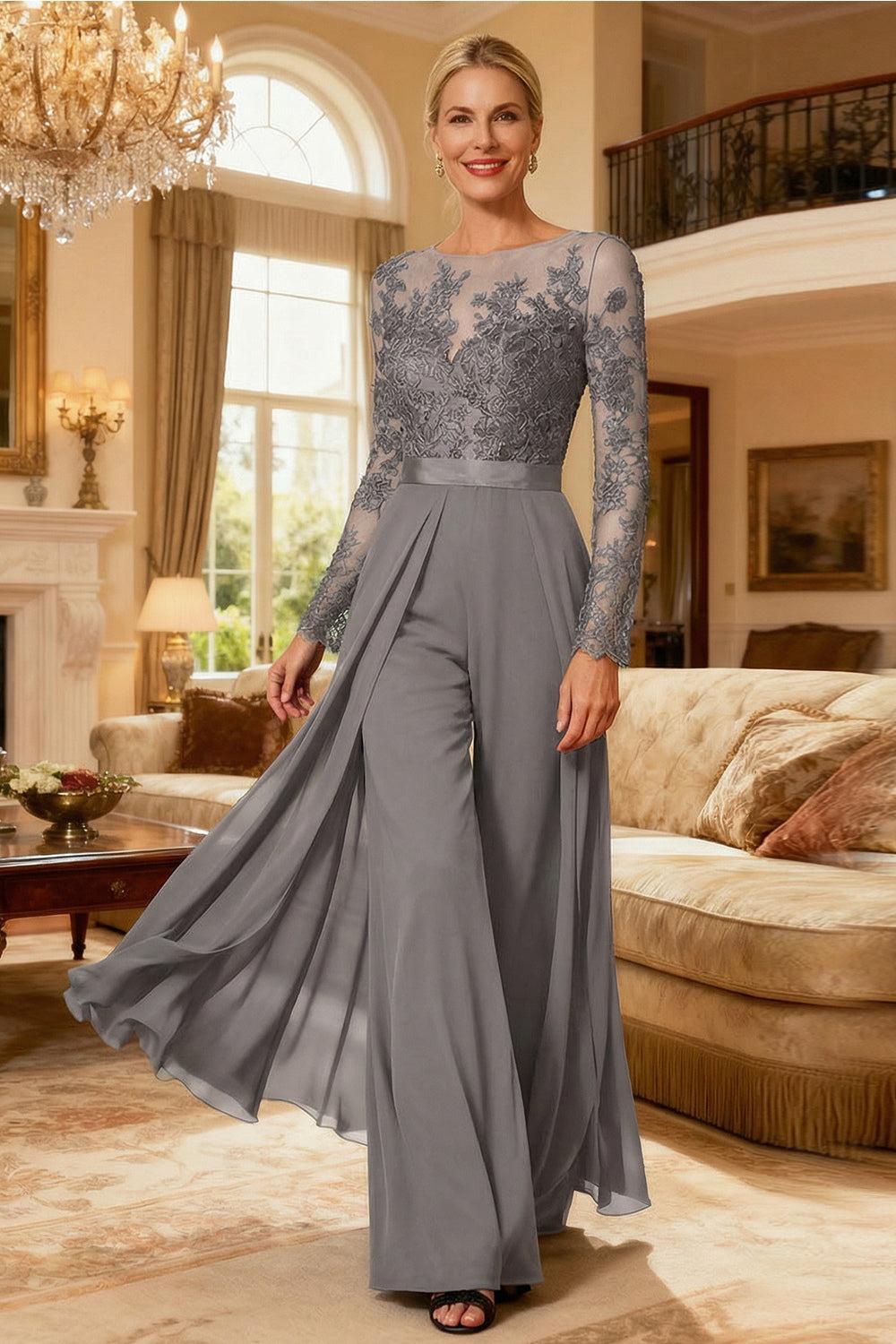 Dreamyannie Black Chiffon Illusion Neck Floor Length Mother Of The Bride Jumpsuit With Cape