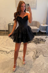 Dreamyannie Black Corset A Line Homecoming Dresses Short Cocktail Dresses With Ruffles