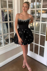 Dreamyannie Black Corset Homecoming Dresses Strapless Short Cocktail Dresses With Rhinestone