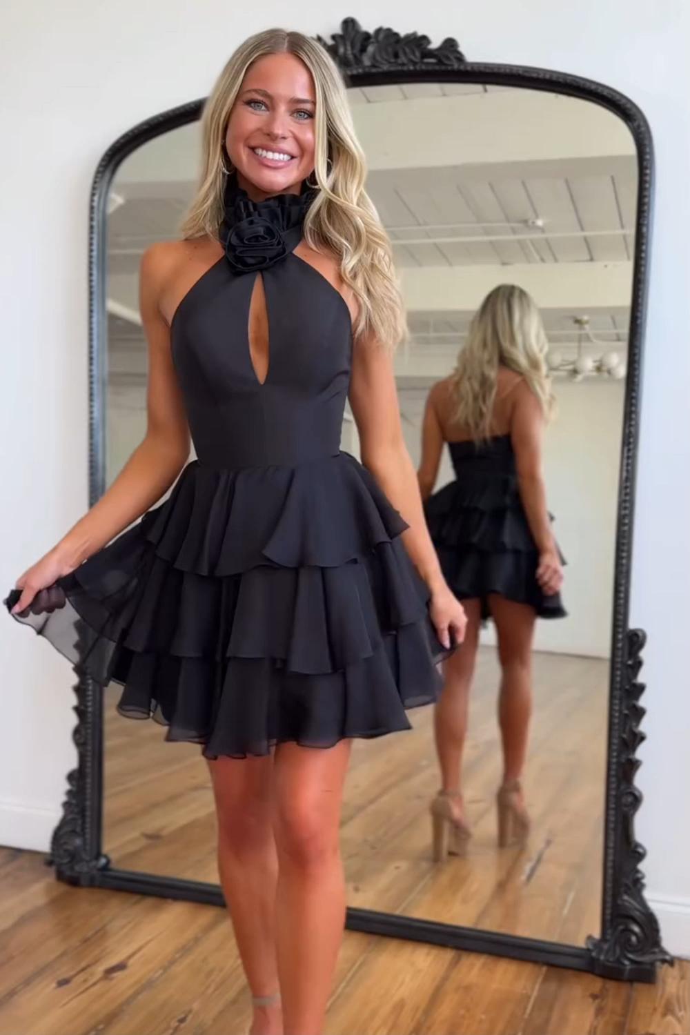 Dreamyannie Black Floral Homecoming Dresses High Neck Short Cocktail Dresses With Ruffles