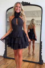 Dreamyannie Black Floral Homecoming Dresses High Neck Short Cocktail Dresses With Ruffles
