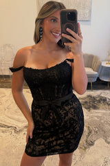 Dreamyannie Black Lace Off The Shoulder Homecoming Dresses Short Corset Cocktail Dresses With Bow