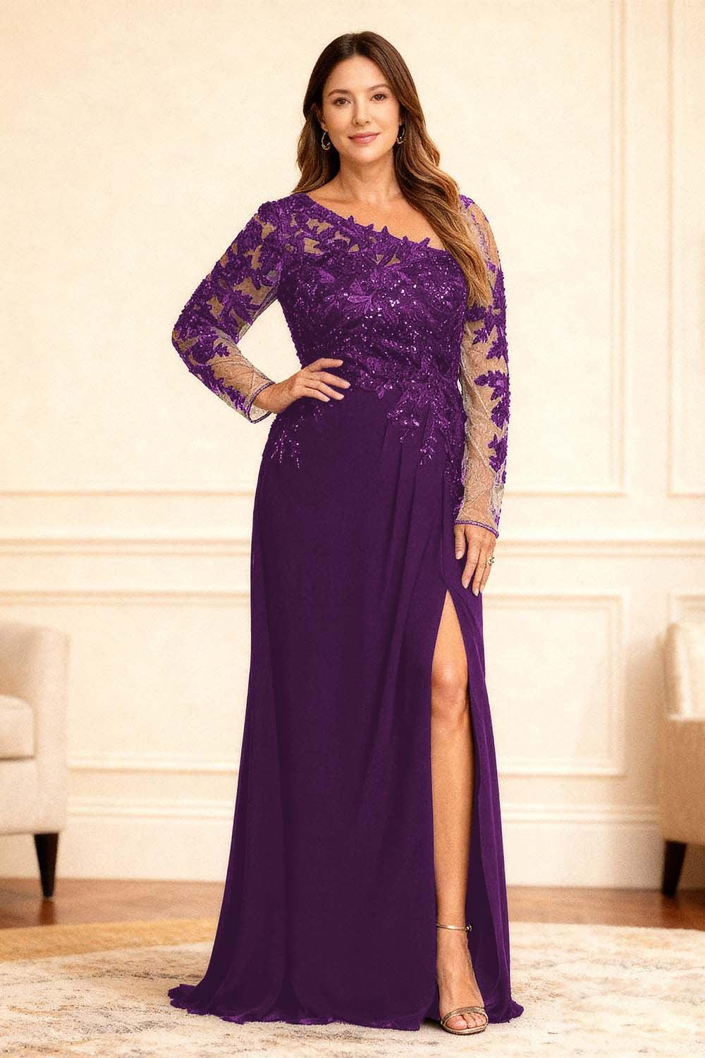 Dreamyannie Black One Shoulder Lace Floor Length Plus Size Mother Of The Bride Dress With Slit