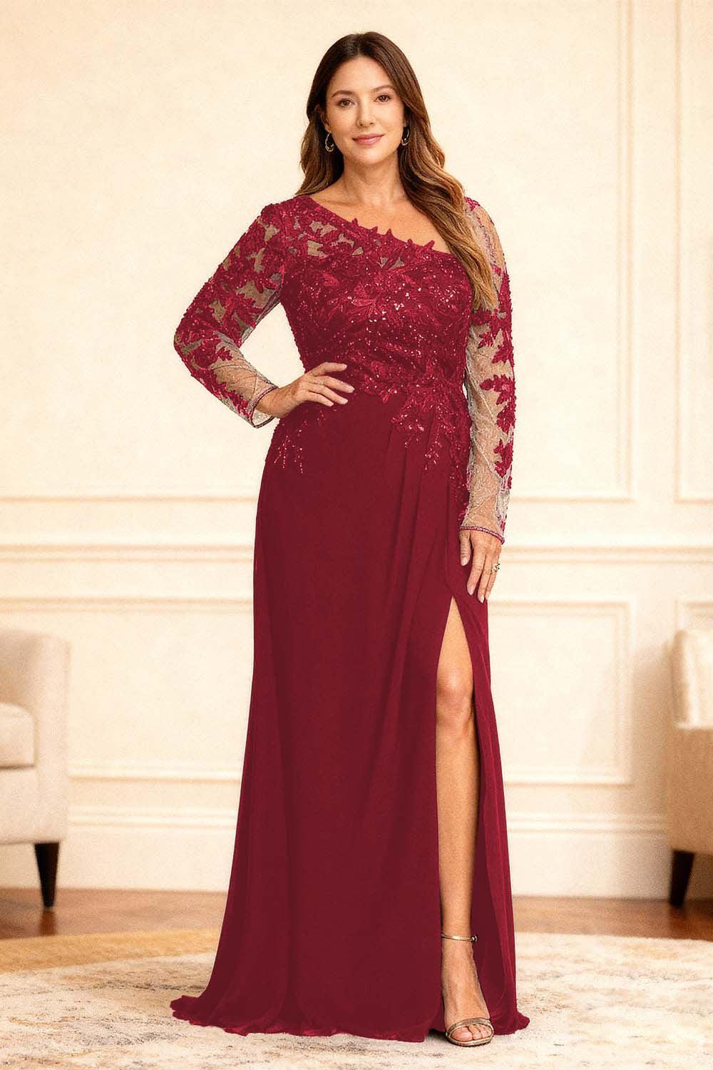 Dreamyannie Black One Shoulder Lace Floor Length Plus Size Mother Of The Bride Dress With Slit