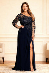 Dreamyannie Black One Shoulder Lace Floor Length Plus Size Mother Of The Bride Dress With Slit