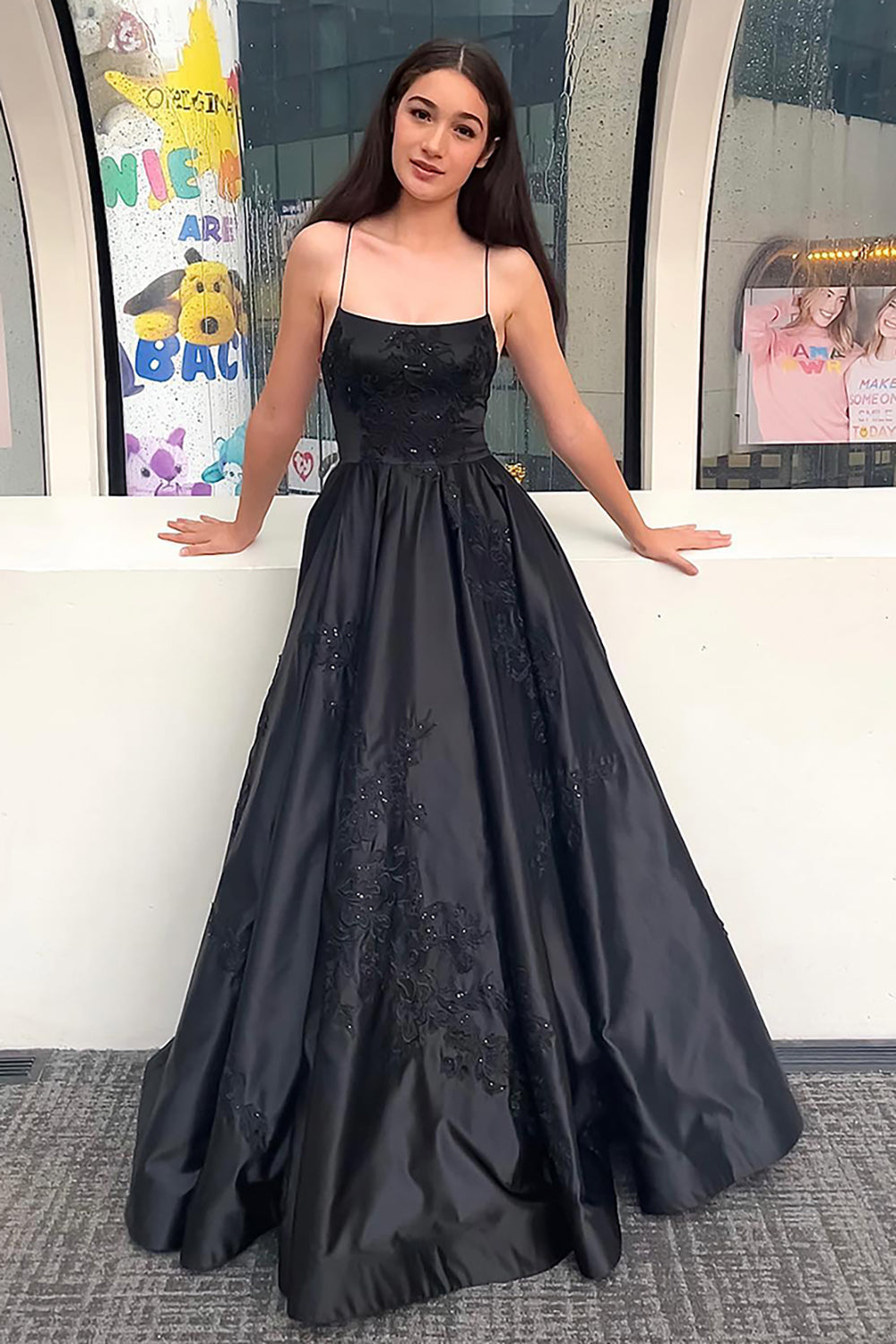 Dreamyannie Black Prom Dress A Line Lace Satin Formal Dress