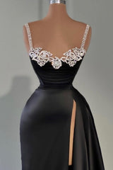 Dreamyannie Black Prom Dress A Line Sleeveless Satin Slit Formal Dress With Jewels