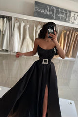 Dreamyannie Black Prom Dress A Line Strapless Sleeveless Satin Simple Formal Dress With Sash