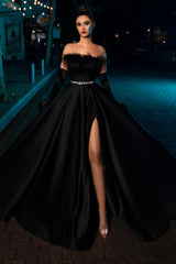 Dreamyannie Black Prom Dress A Line Strapless Sleeveless Satin Slit Formal Dress With Feathers And Sash