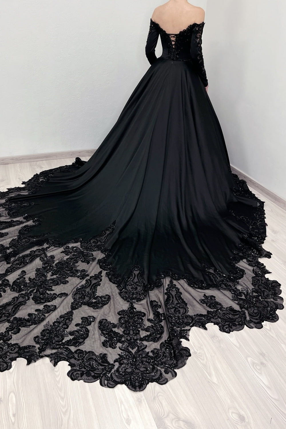 Dreamyannie Black Prom Dress A Line V Neck Lace Off The Shoulder Beading Satin Formal Dress