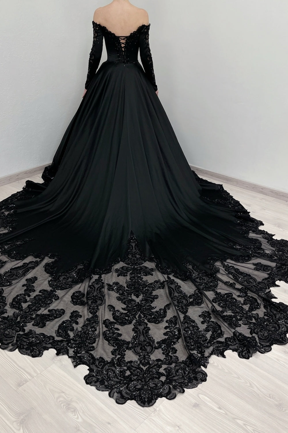 Dreamyannie Black Prom Dress A Line V Neck Lace Off The Shoulder Beading Satin Formal Dress