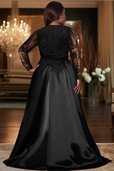 Dreamyannie Black Prom Dress A Line V Neck Lace Sleeves Satin Formal Dress With Slit