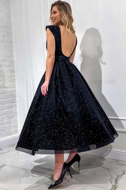 Dreamyannie Black Prom Dress A Line V Neck Sleeveless Sequined Formal Dress