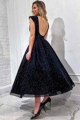 Dreamyannie Black Prom Dress A Line V Neck Sleeveless Sequined Formal Dress