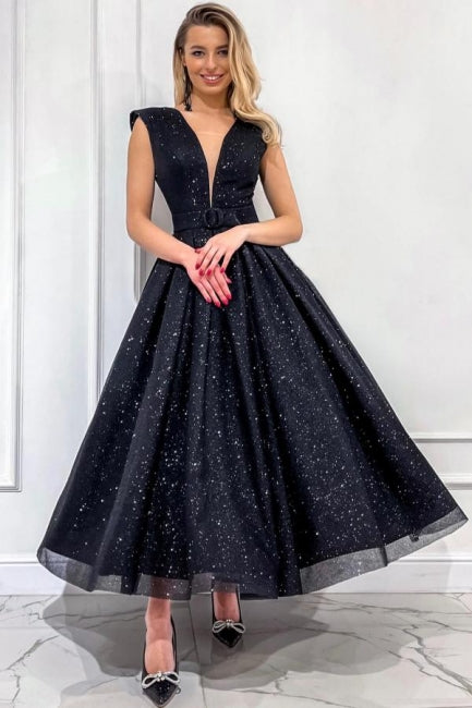 Dreamyannie Black Prom Dress A Line V Neck Sleeveless Sequined Formal Dress
