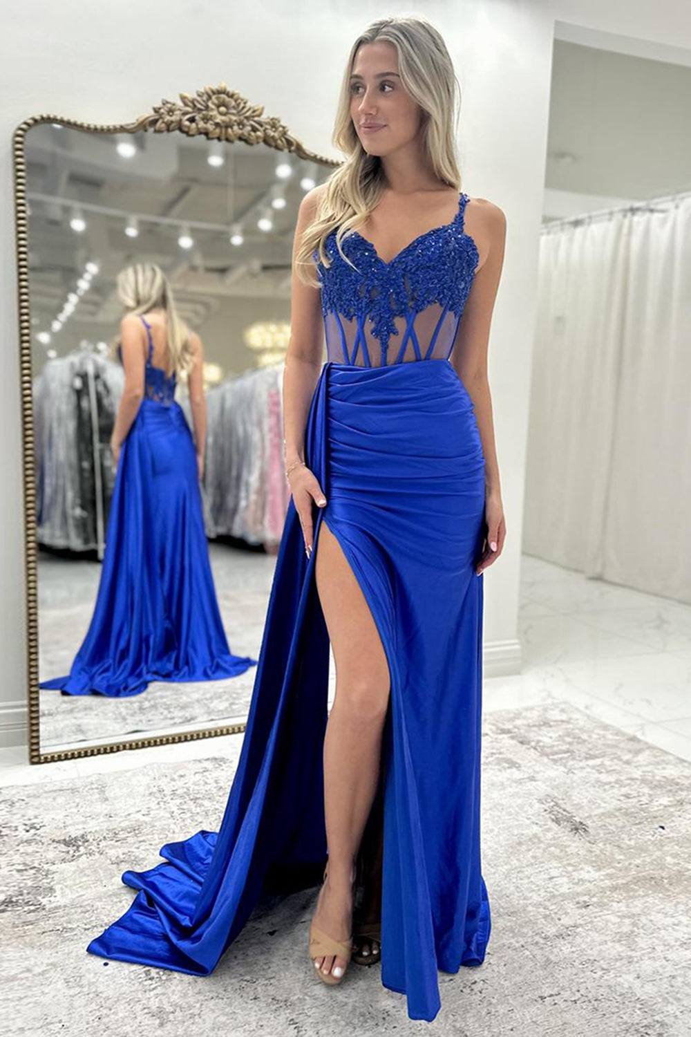 Dreamyannie Black Prom Dress Appliqued Corset Side Cape Long Formal Dress With Slit