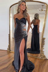 Dreamyannie Black Prom Dress Beaded Mermaid Sweetheart Long Formal Dress With Slit