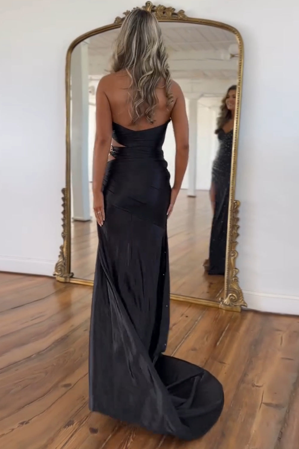 Dreamyannie Black Prom Dress Beaded Mermaid Sweetheart Long Formal Dress With Slit