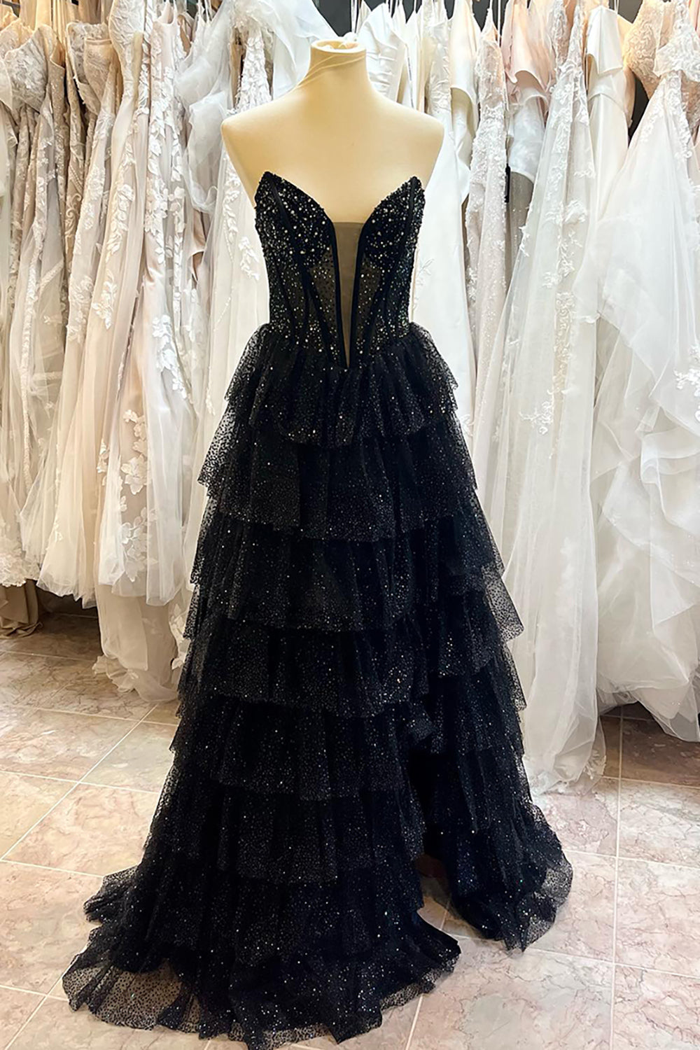Dreamyannie Black Prom Dress Beaded Tiered A-Line Long Formal Dress With Slit