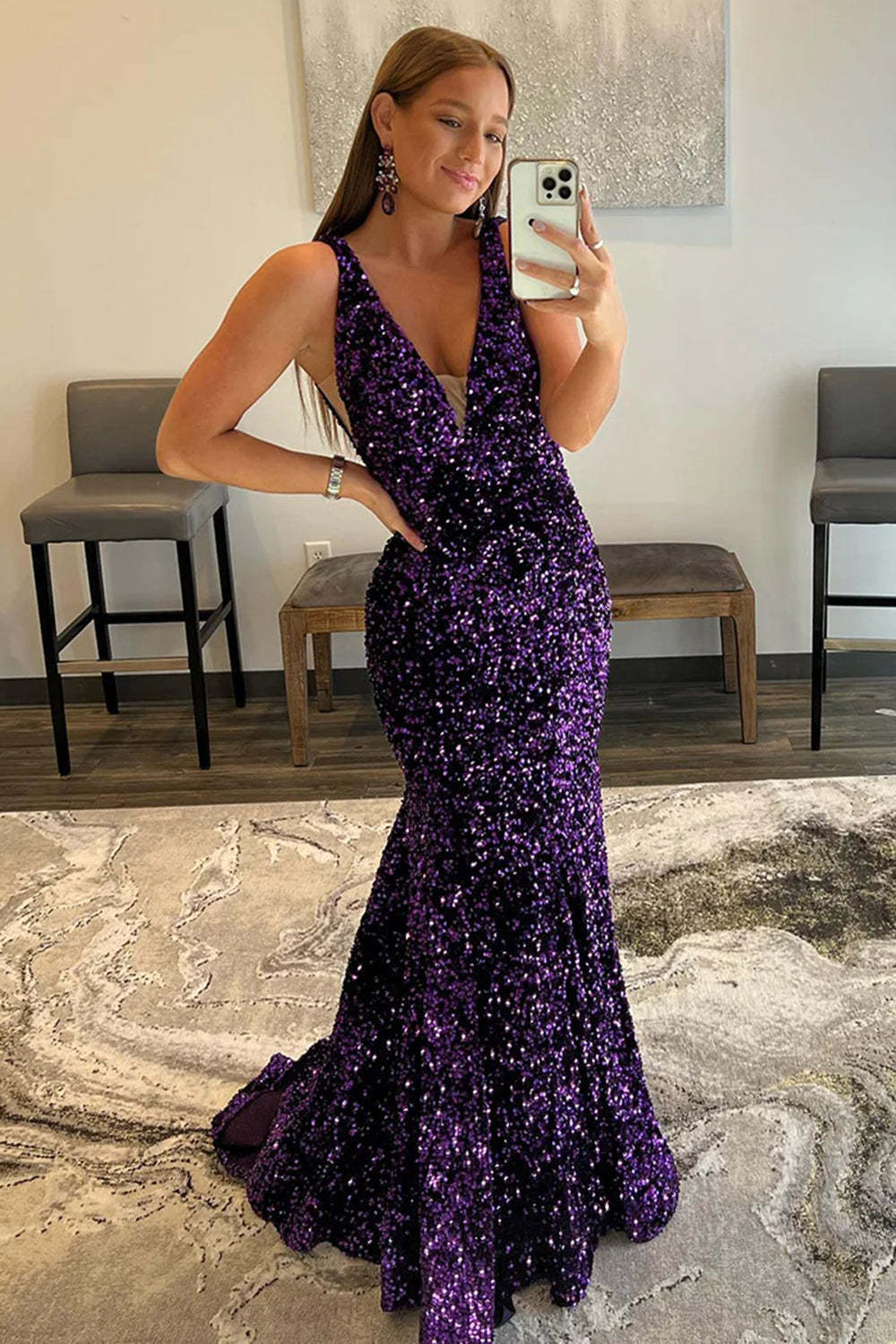 Dreamyannie Black Prom Dress Deep V-Neck Mermaid Formal Dress