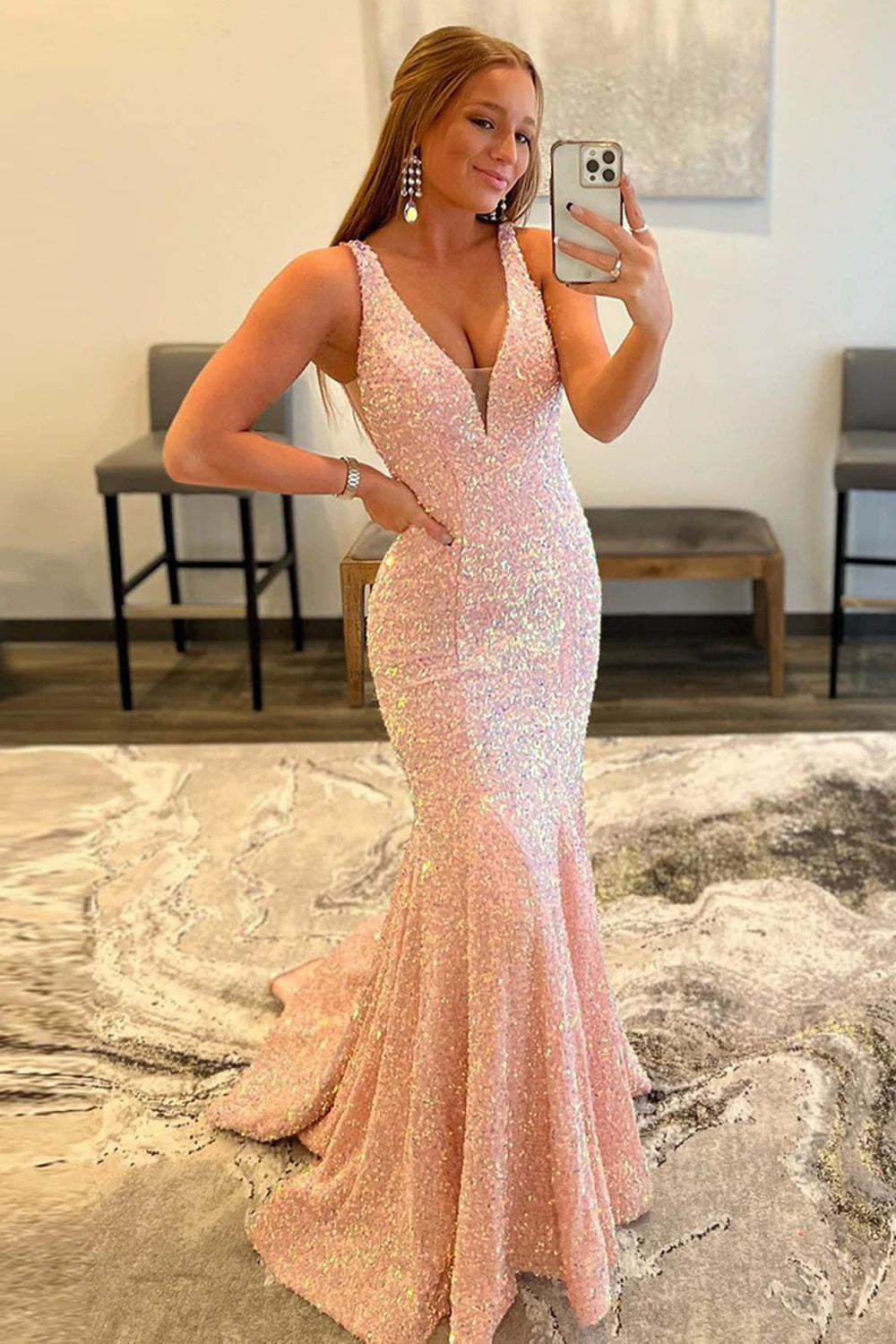 Dreamyannie Black Prom Dress Deep V-Neck Mermaid Formal Dress