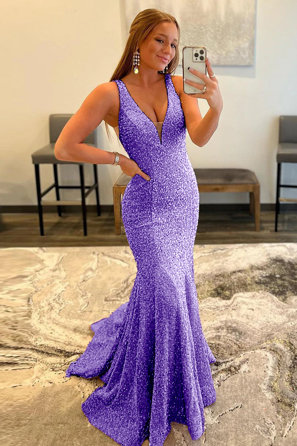 Dreamyannie Black Prom Dress Deep V-Neck Mermaid Formal Dress