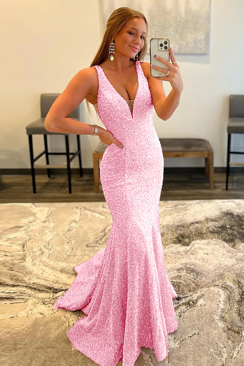 Dreamyannie Black Prom Dress Deep V-Neck Mermaid Formal Dress