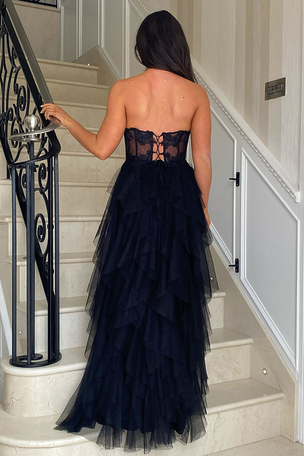 Dreamyannie Black Prom Dress Floral A-Line Ruffles Strapless Long Formal Dress With Slit