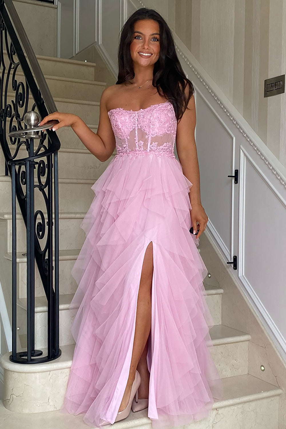 Dreamyannie Black Prom Dress Floral A-Line Ruffles Strapless Long Formal Dress With Slit
