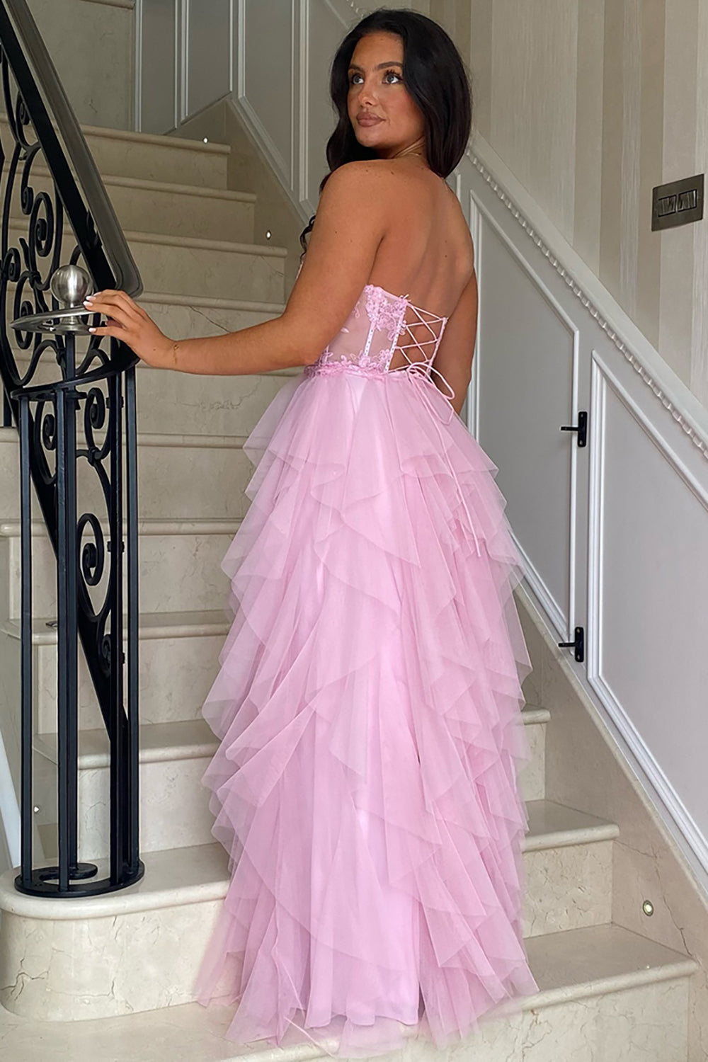 Dreamyannie Black Prom Dress Floral A-Line Ruffles Strapless Long Formal Dress With Slit