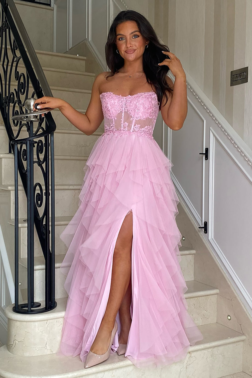 Dreamyannie Black Prom Dress Floral A-Line Ruffles Strapless Long Formal Dress With Slit