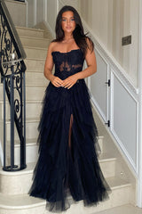 Dreamyannie Black Prom Dress Floral A-Line Ruffles Strapless Long Formal Dress With Slit