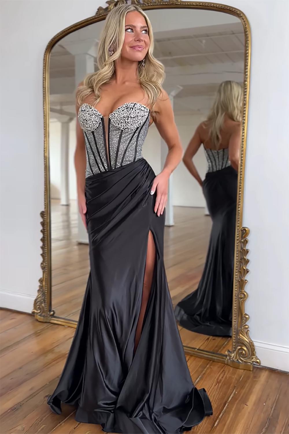 Dreamyannie Black Prom Dress Mermaid Formal Dress With Slit