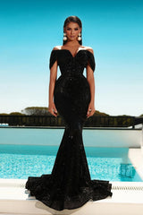 Dreamyannie Black Prom Dress Mermaid Off The Shoulder Formal Dress With Glitter