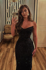 Dreamyannie Black Prom Dress Mermaid Sweetheart Sleeveless Sequined Beading Tulle Formal Dress
