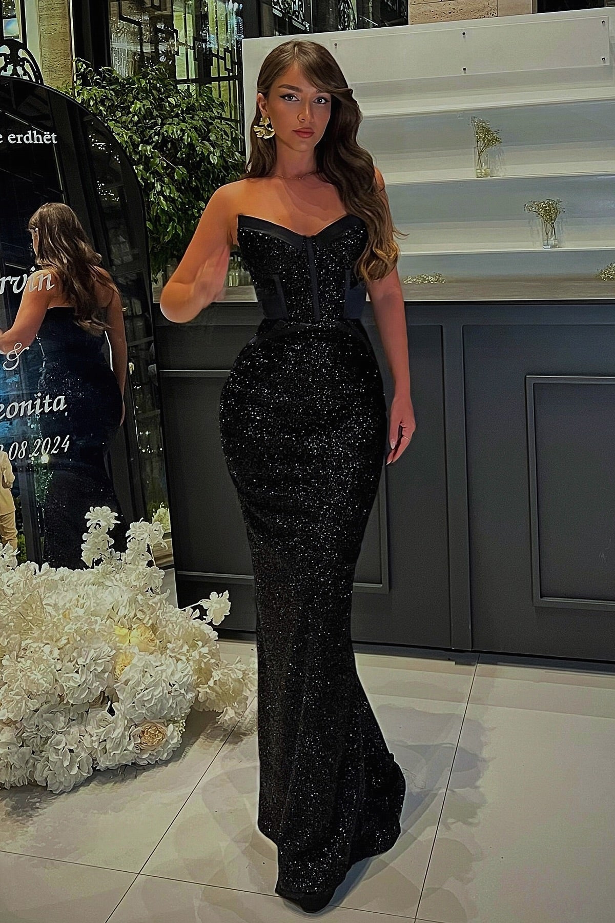 Dreamyannie Black Prom Dress Mermaid Sweetheart Sleeveless Sequined Beading Tulle Formal Dress