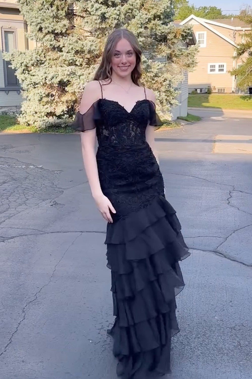 Dreamyannie Black Prom Dress Mermaid Tiered Cold Shoulder Long Formal Dress With Slit