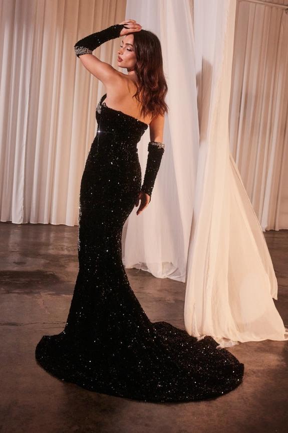 Dreamyannie Black Prom Dress Mermaid V Neck Sequined Formal Dress With Slit
