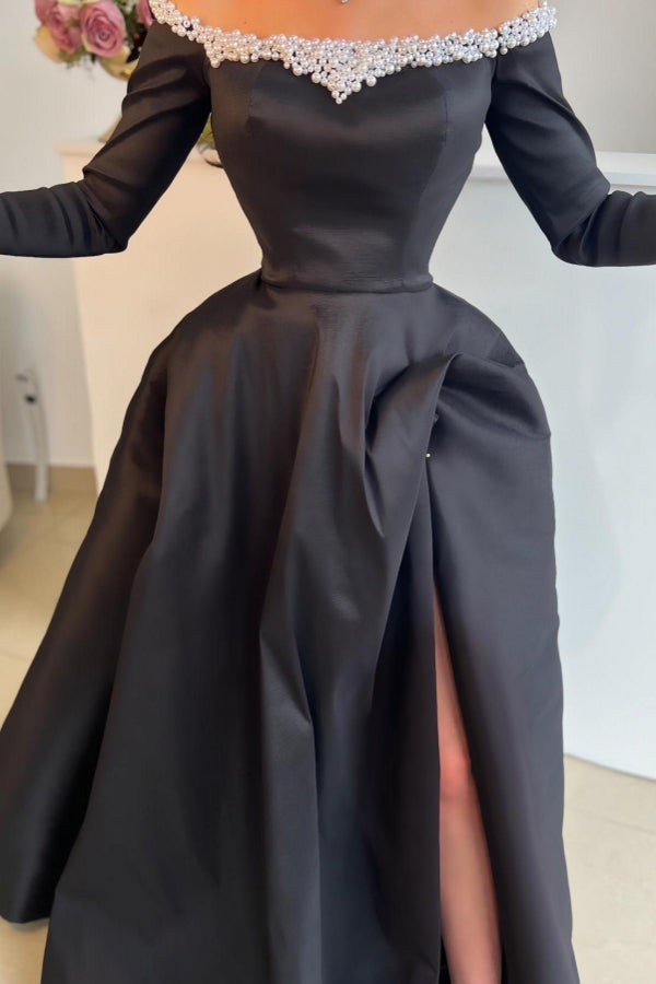 Dreamyannie Black Prom Dress Off The Shoulder A Line Satin Slit Sleeves Formal Dress With Pearls