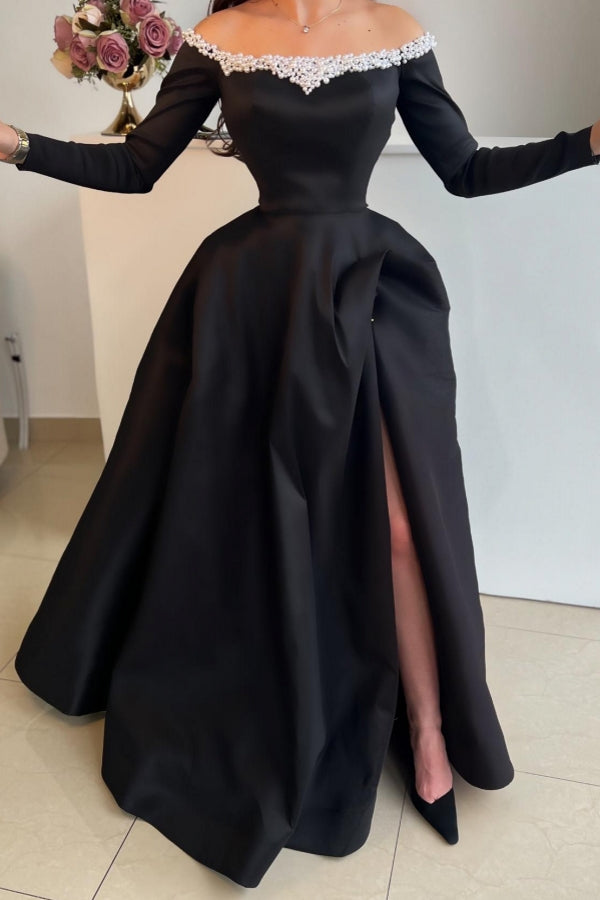 Dreamyannie Black Prom Dress Off The Shoulder A Line Satin Slit Sleeves Formal Dress With Pearls