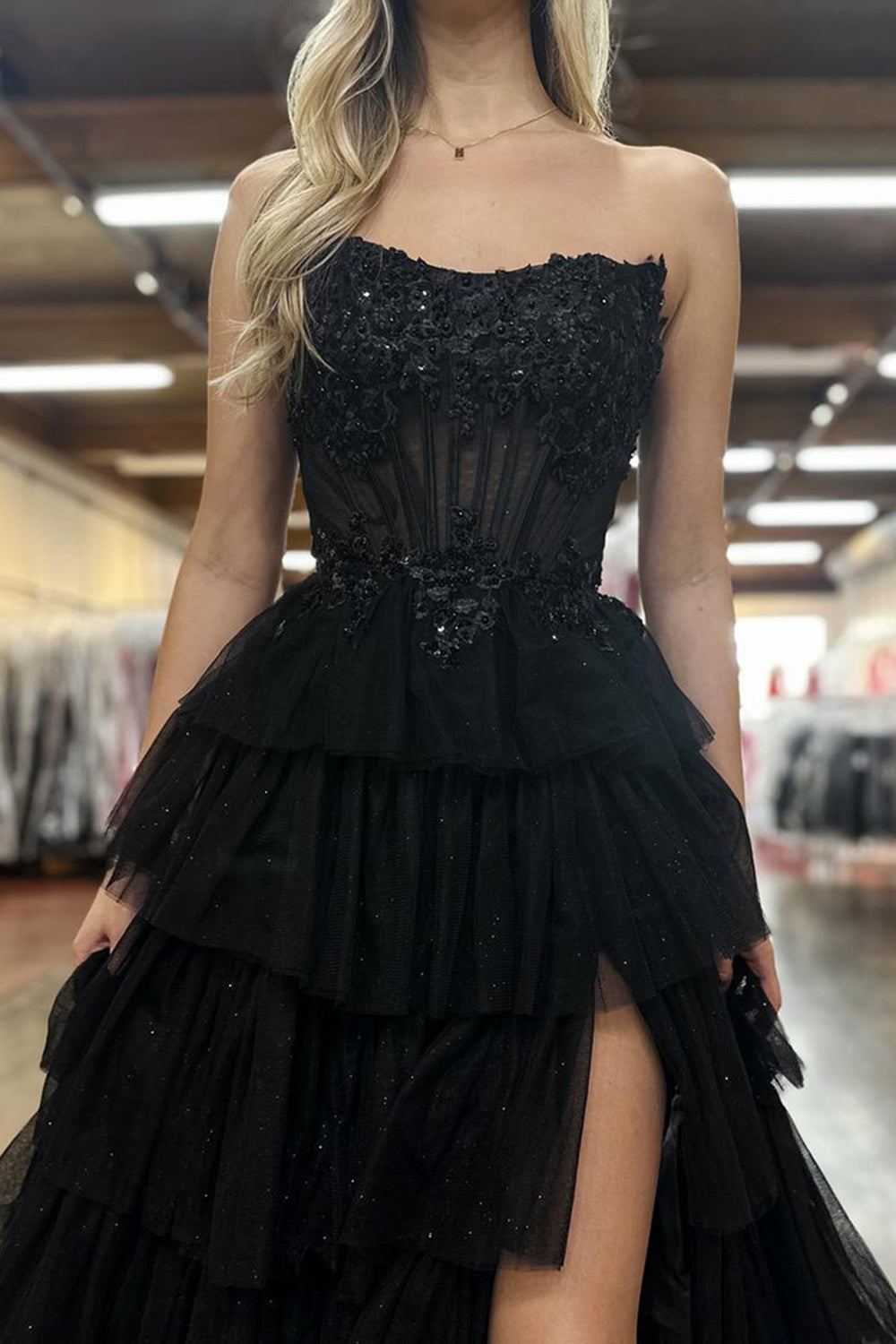 Dreamyannie Black Prom Dress Ruffled Floor Length Tulle Formal Dress With Slit