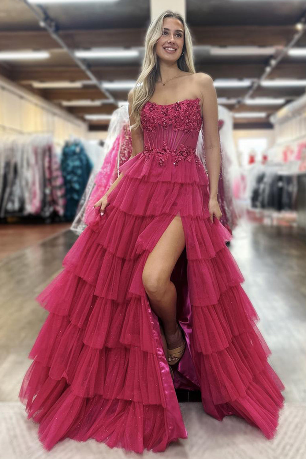 Dreamyannie Black Prom Dress Ruffled Floor Length Tulle Formal Dress With Slit