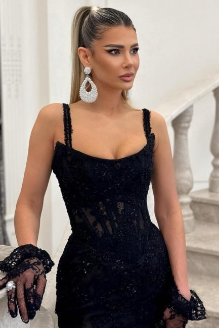 Dreamyannie Black Prom Dress Spaghetti Strap Mermaid Sleeveless Beaded Evening Lace Formal Dress