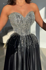 Dreamyannie Black Prom Dress Sweetheart A Line Beaded Sleeveless Satin Formal Dress With Slit
