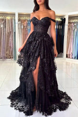 Dreamyannie Black Prom Dress Sweetheart A Line Off The Shoulder Sleeveless Lace Dresses With Slit