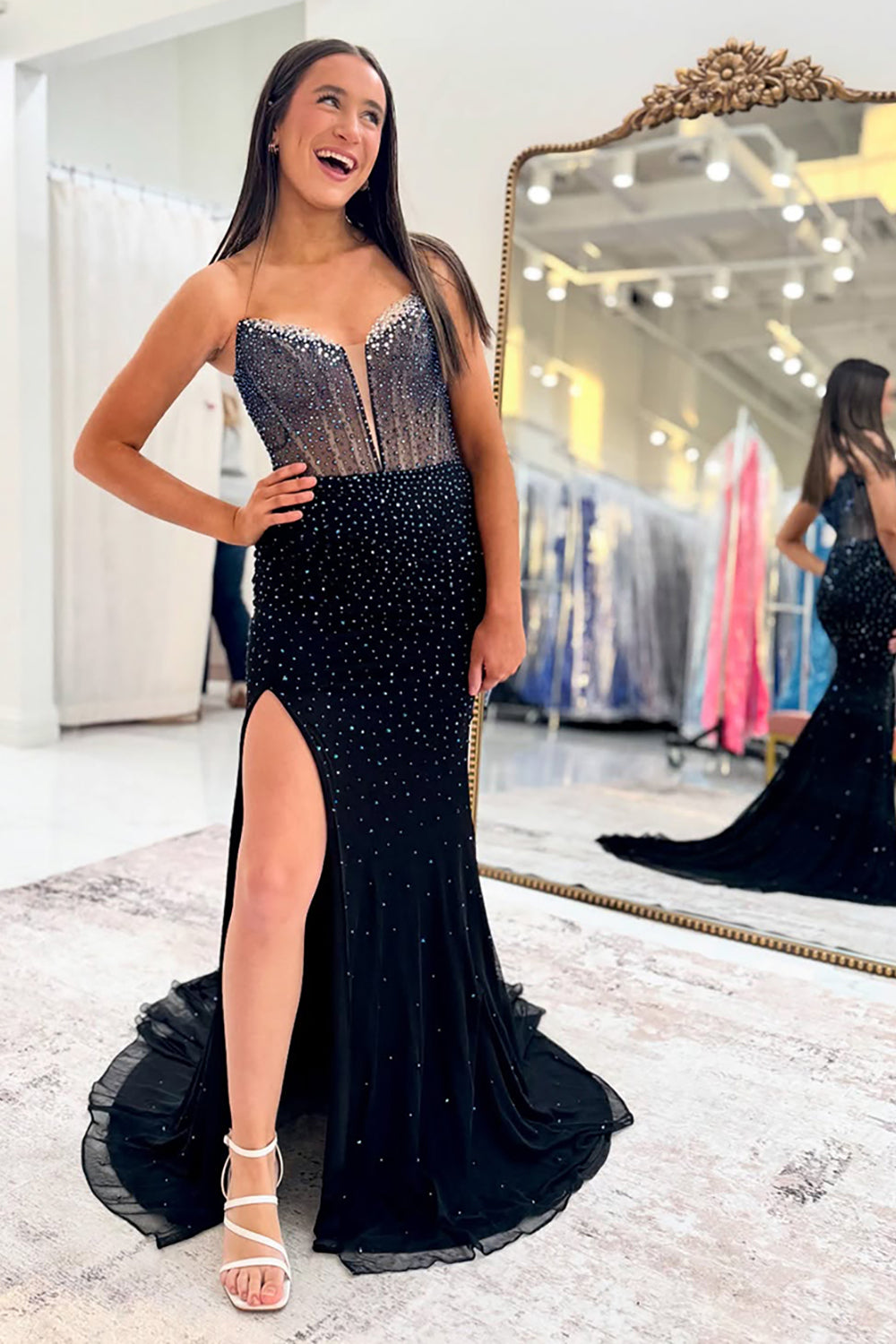 Dreamyannie Black Prom Dress Sweetheart Corset Beaded Long Formal Dress With Slit