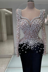 Dreamyannie Black Prom Dress Sweetheart Mermaid Beaded Sequined Sleeve Formal Dress With Pearls