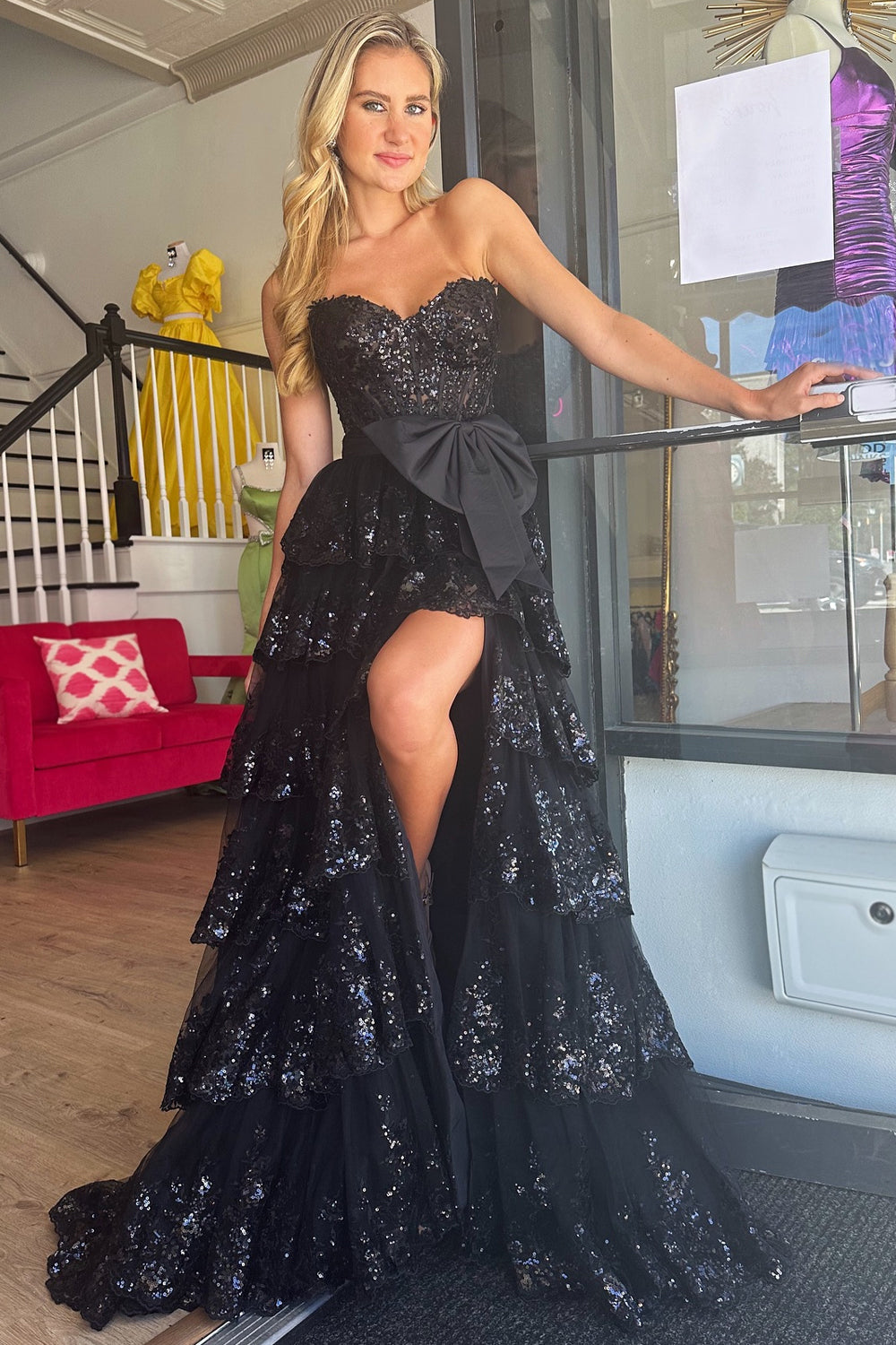 Dreamyannie Black Prom Dress Sweetheart Ruffled Bow Long Formal Dress With Slit